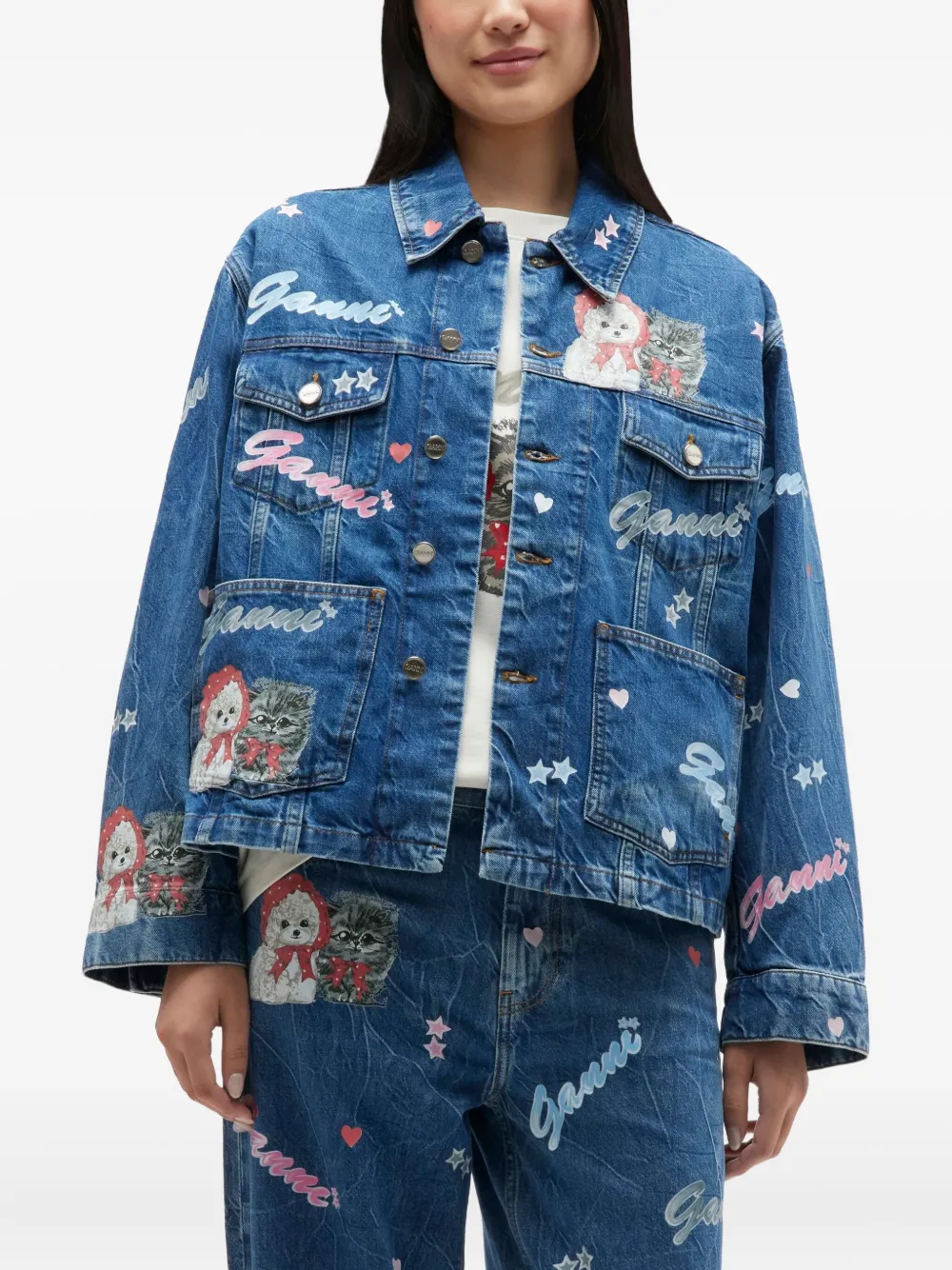 Ganni Printed Denim Jacket In Blue