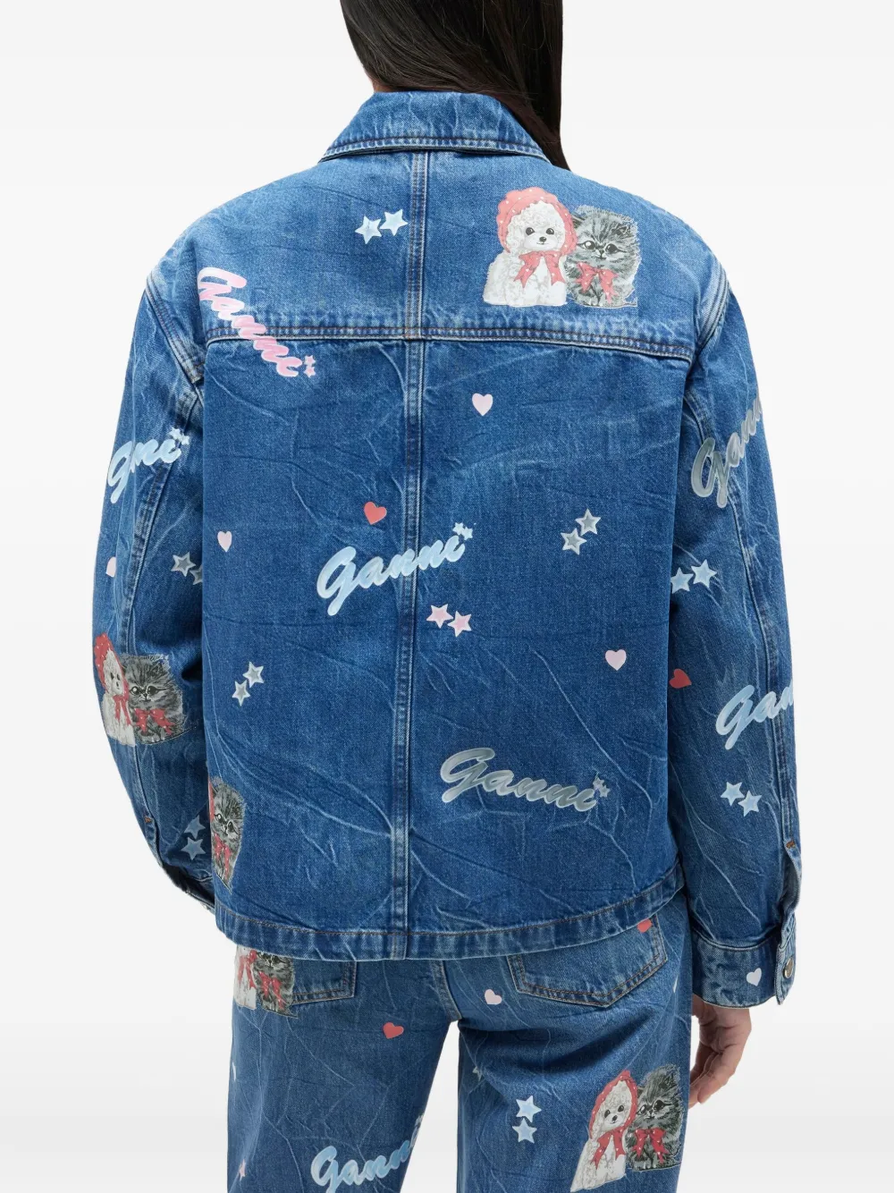 Ganni Printed Denim Jacket In Blue