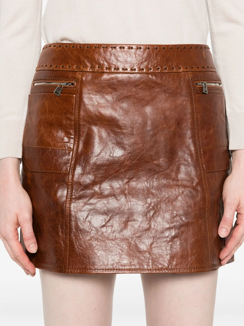 Ermanno Scervino Leren mini-rok met ritszak Bruin