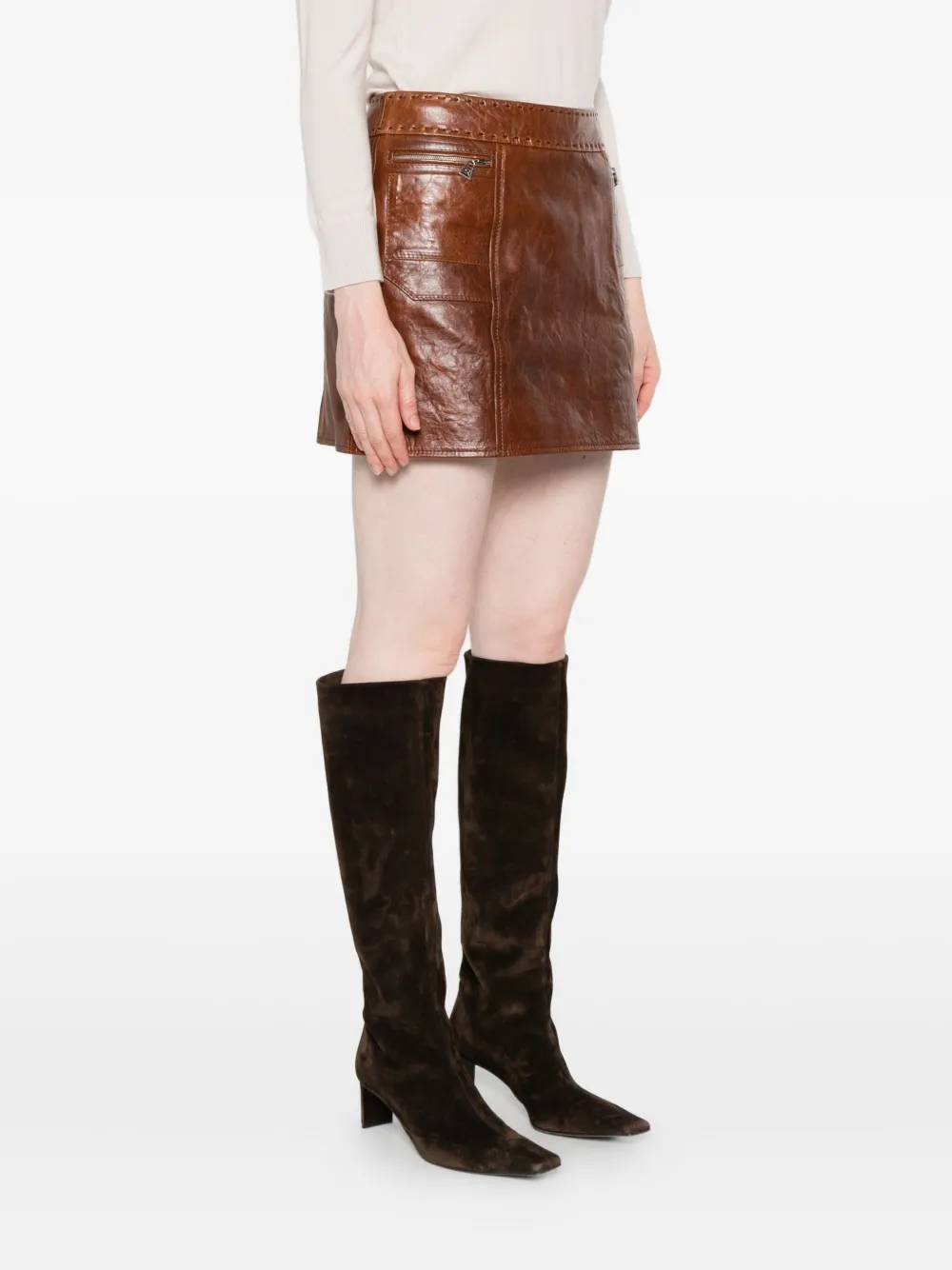 Ermanno Scervino Leren mini-rok met ritszak Bruin