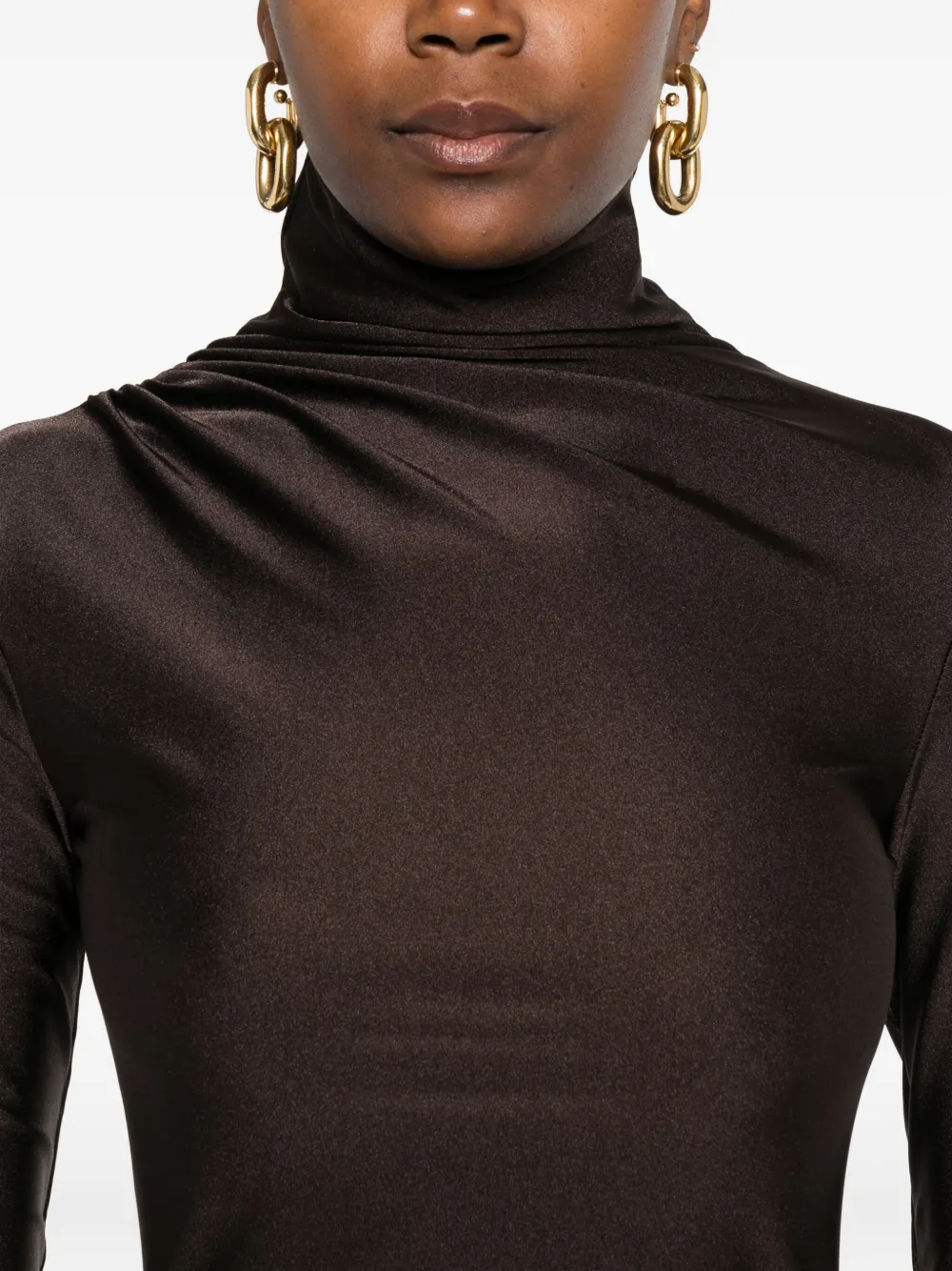 The Andamane Turtleneck Ruched Dress In Brown