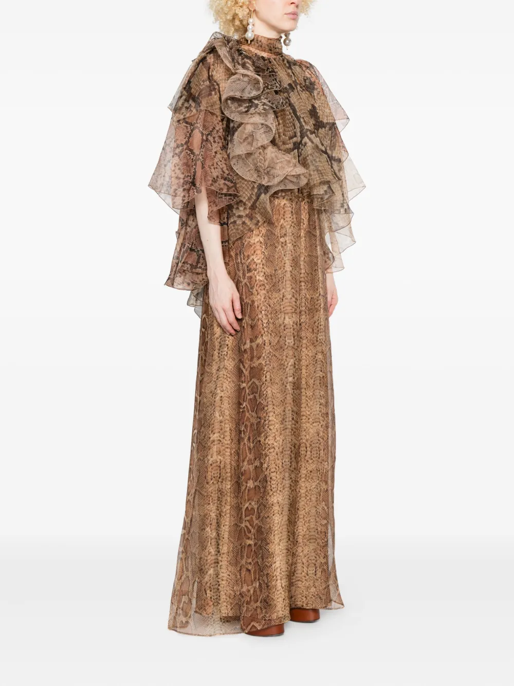 Zimmermann Ruffle-trimmed Snake-print Dress In Brown