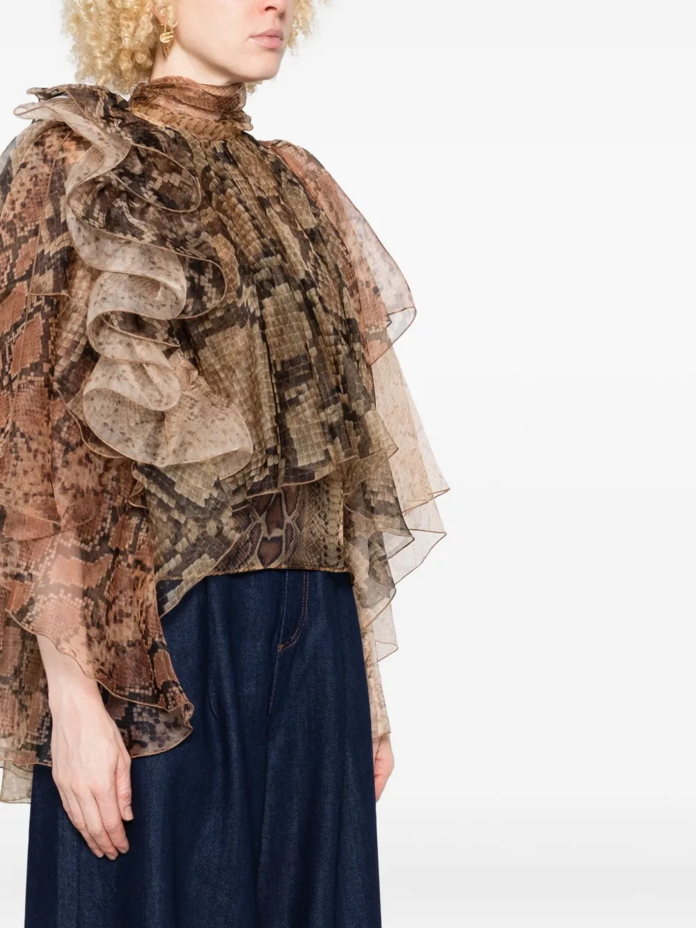 Zimmermann Ruffled Snakeskin-print Blouse In Brown