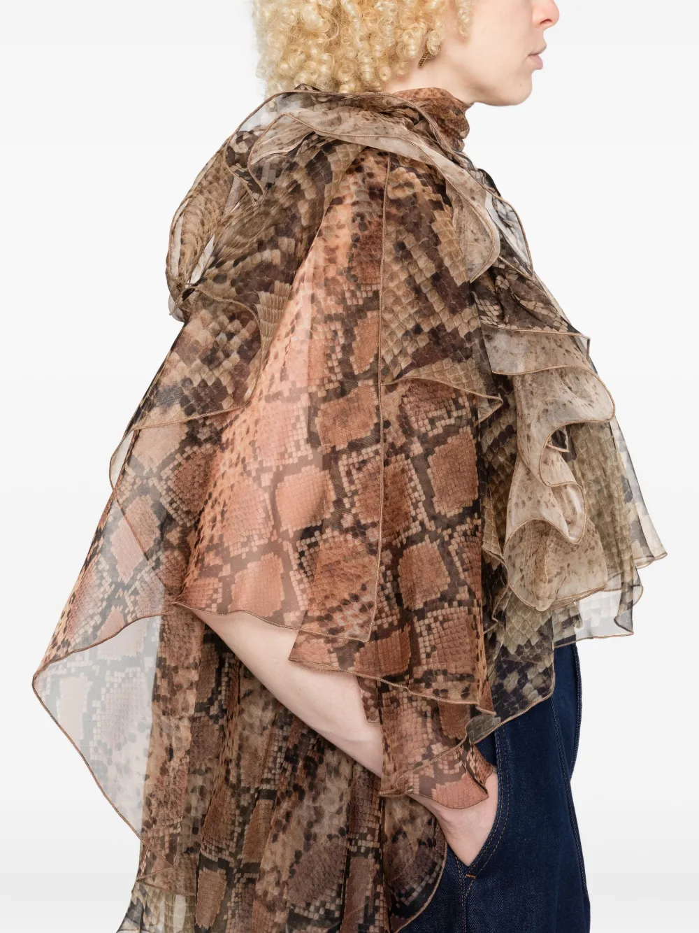 Zimmermann Ruffled Snakeskin-print Blouse In Brown