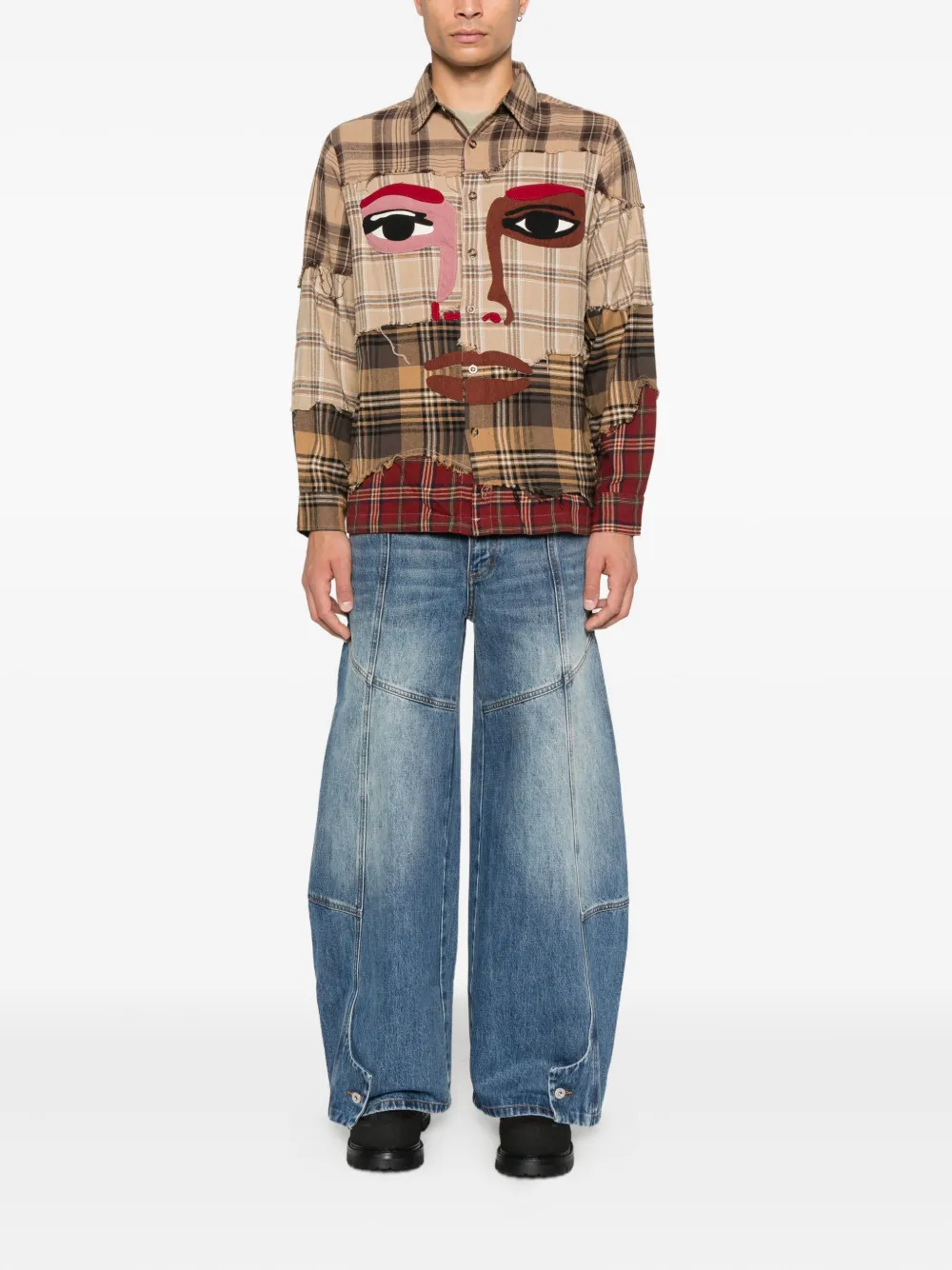 KidSuper plaid face-appliqué shirt - Beige