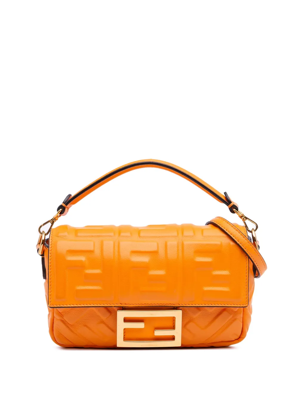 Pre-owned Fendi 2010-2024 Mini Zucca Embossed Leather Baguette Satchel In Orange