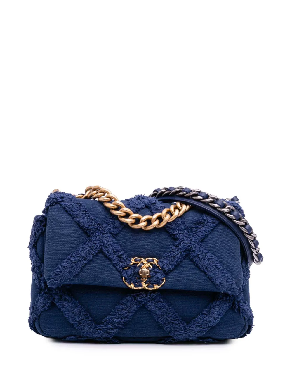 Pre-owned Chanel 2020 Medium Canvas And Cotton 19 Flap Satchel In Blue