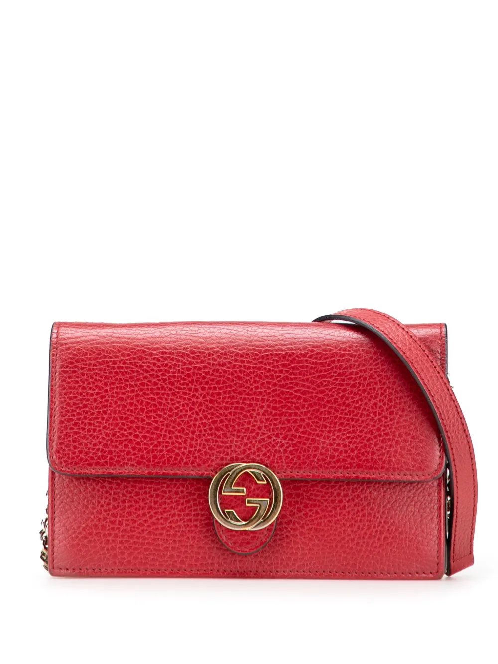 Pre-owned Gucci 2016-2025 Leather Interlocking G Dollar Wallet On Chain Crossbody Bag In Red