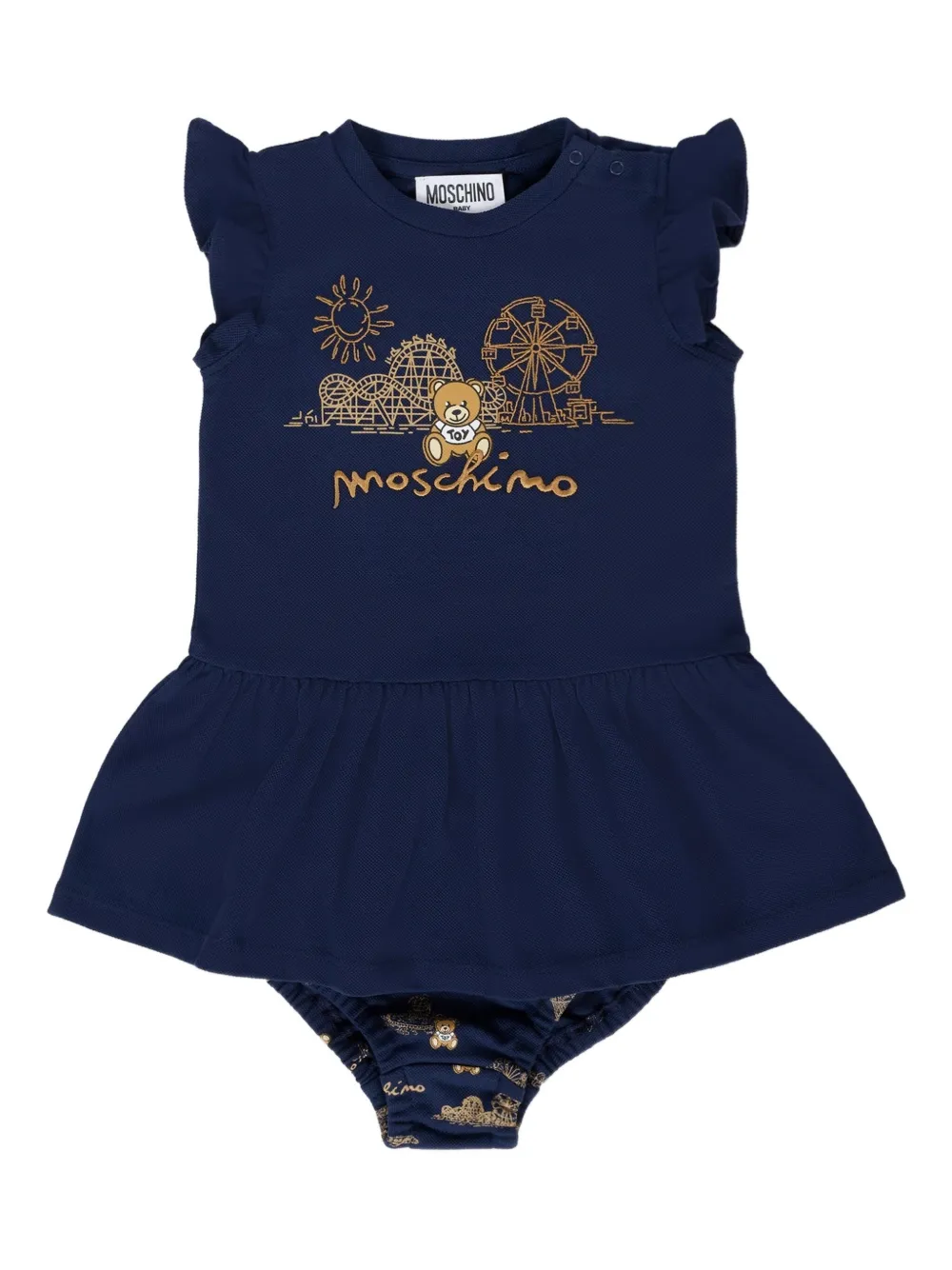 Moschino Kids Jurk met ruches en teddyprint Blauw