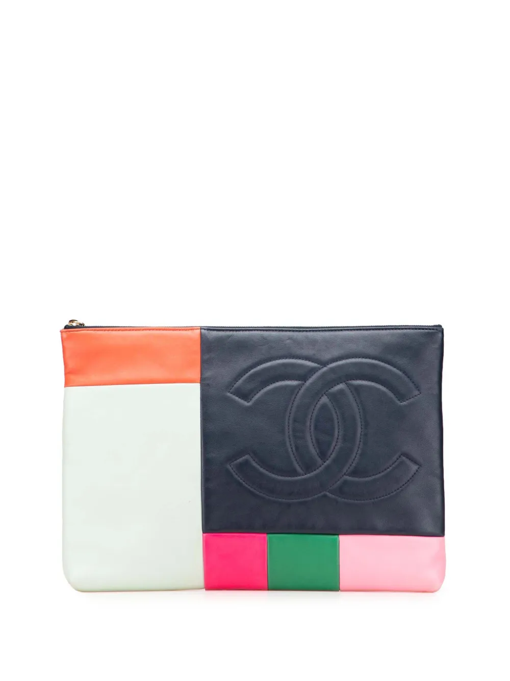 Pre-owned Chanel 2015 Large Lambskin Colorblock Patchwork O Case Clutch Bag In Blue