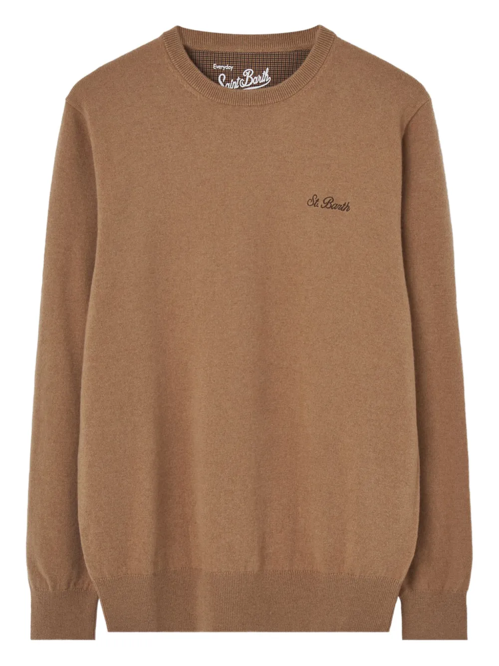 Mc2 Saint Barth Man Crewneck Camel Sweater With St. Barth Embroidery In Brown