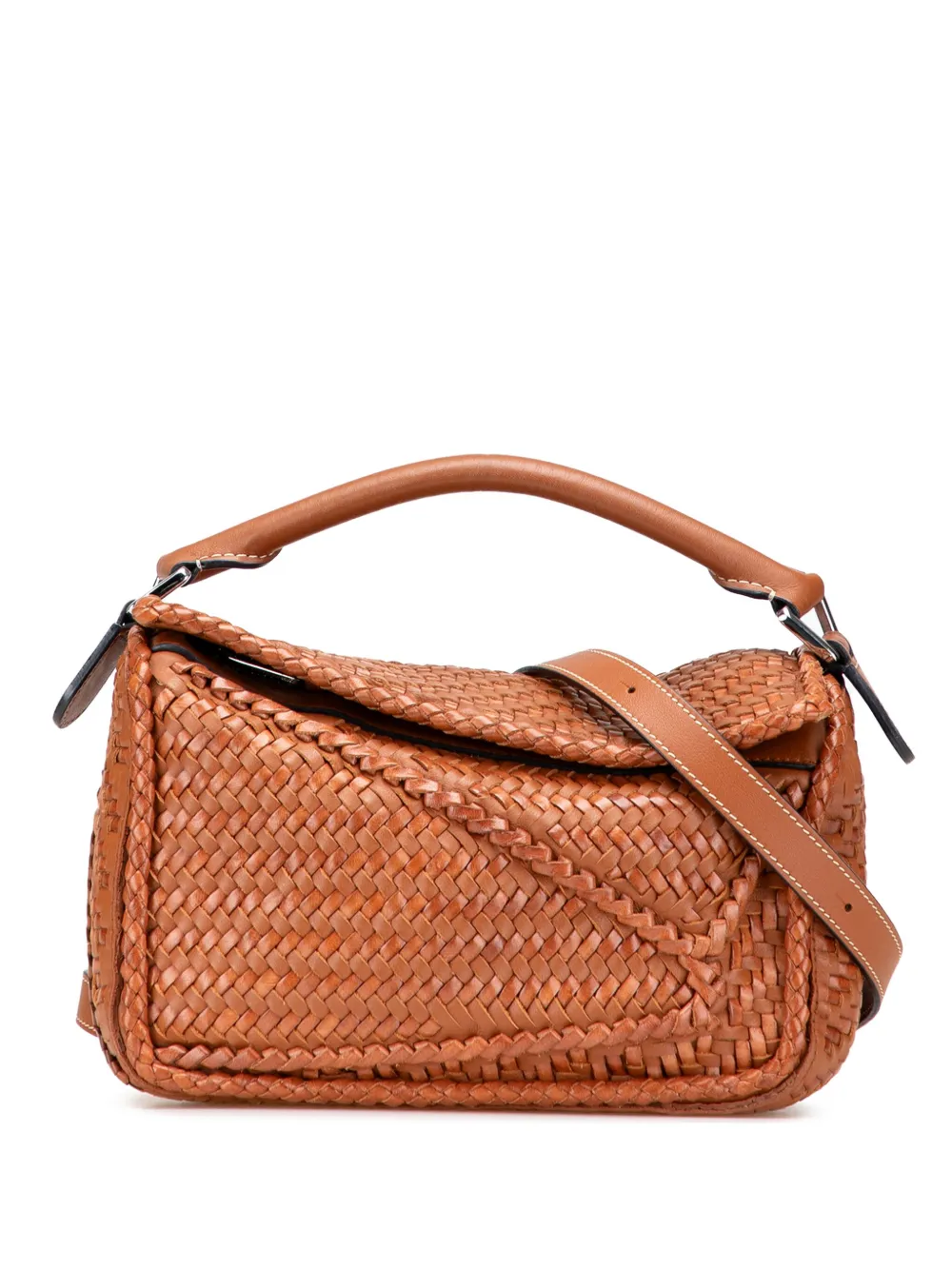 Pre-owned Loewe 2019 Small Woven Calfskin Puzzle Satchel In Brown