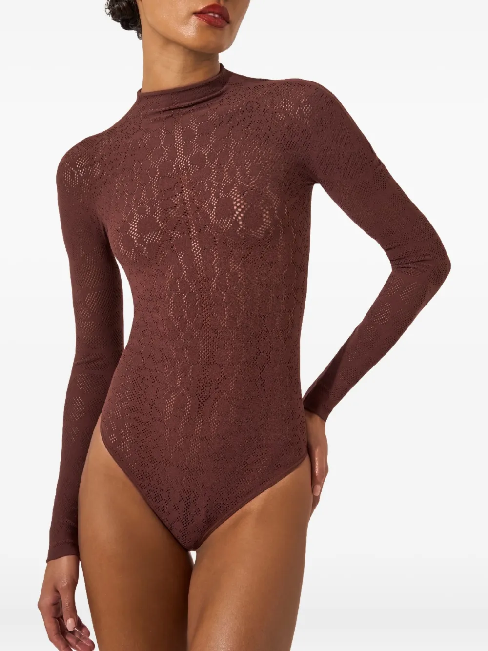 Wolford Snakeskin-motif Mock-neck Bodysuit In Brown