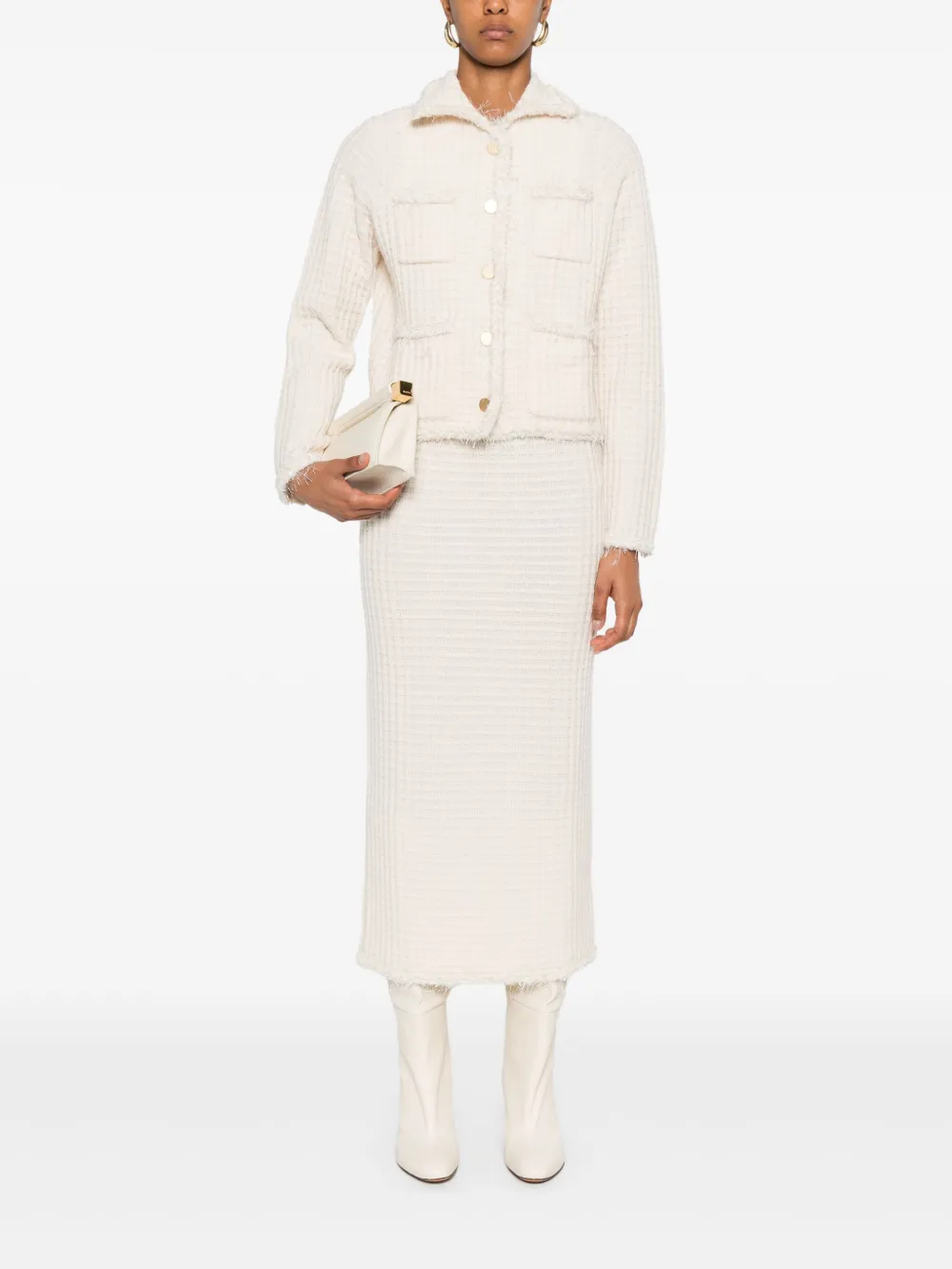 Allude Textured Frayed-hem Midi Skirt In Neutral