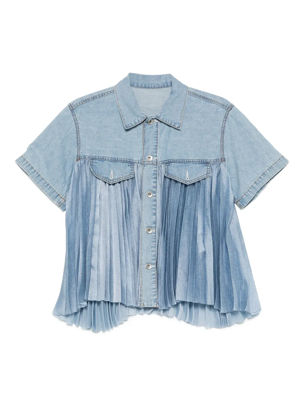 Sacai Pleated Denim Shirt In Blue