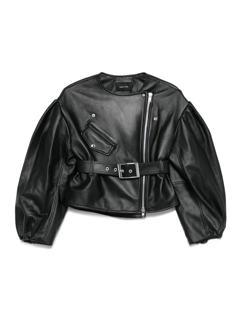 belted puff-sleeve leather jacket