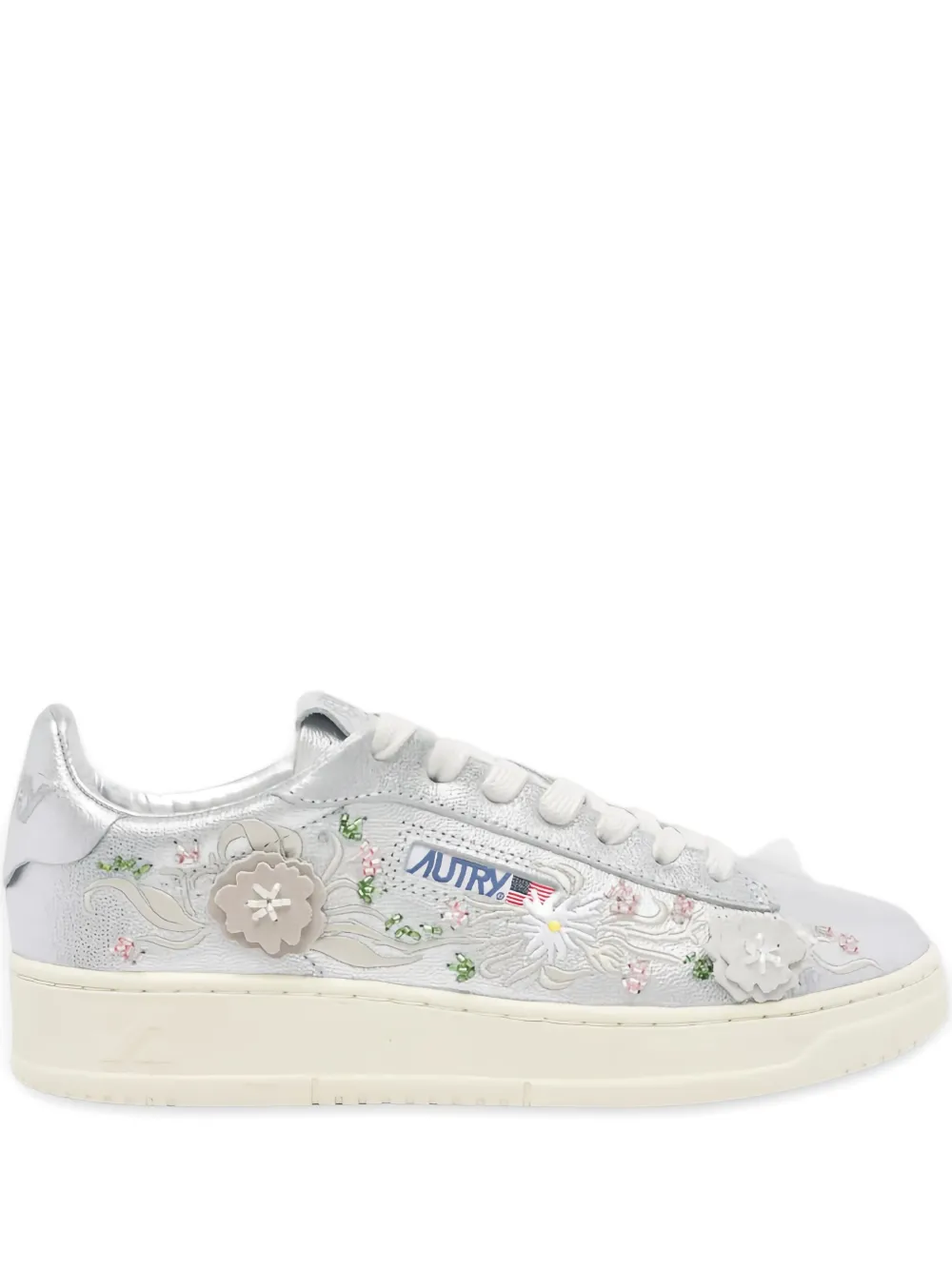 Autry Dallas Round Toe Sneakers With Floral Applications In Metallic