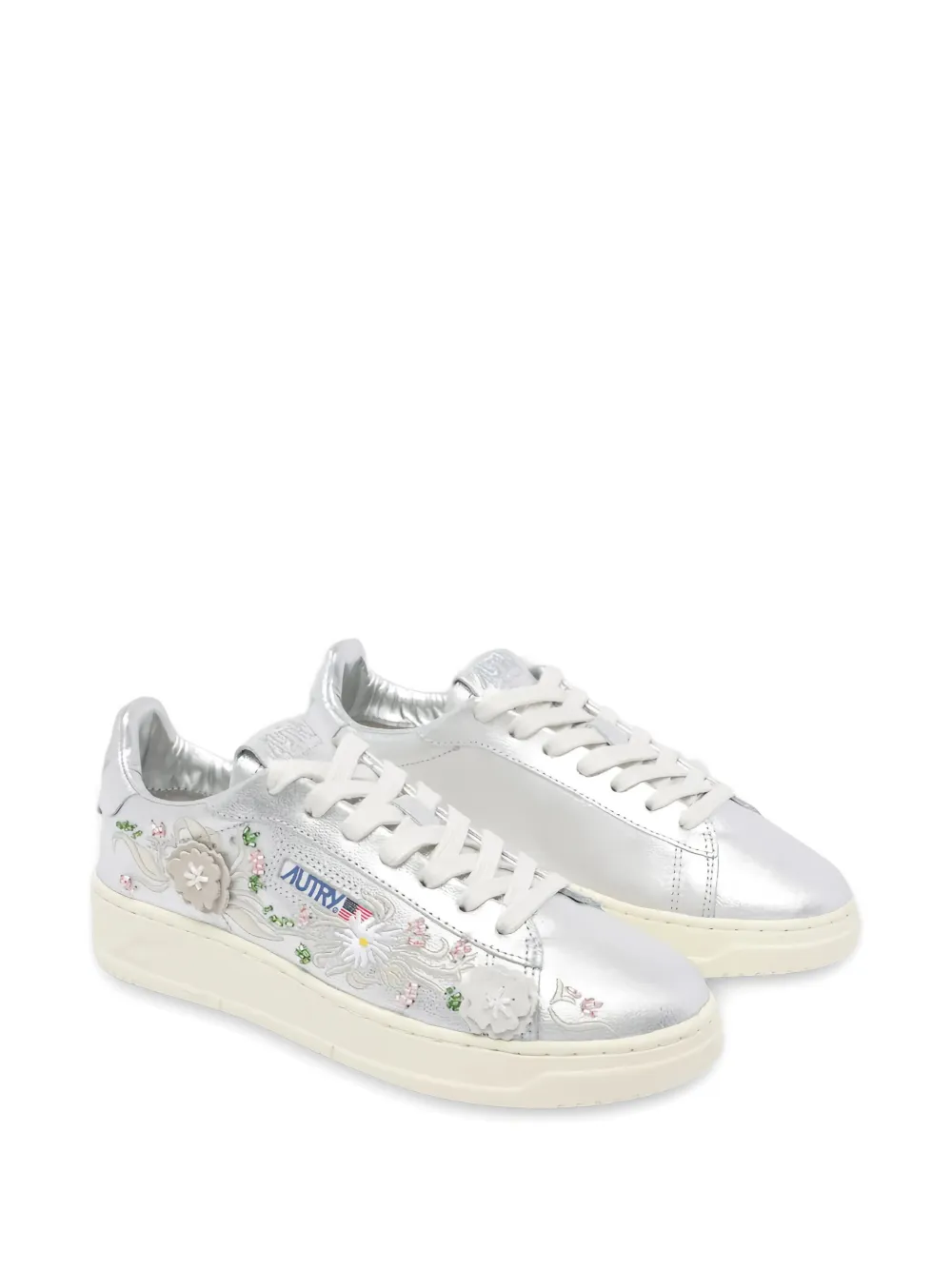 Autry Dallas Round Toe Sneakers With Floral Applications In Metallic