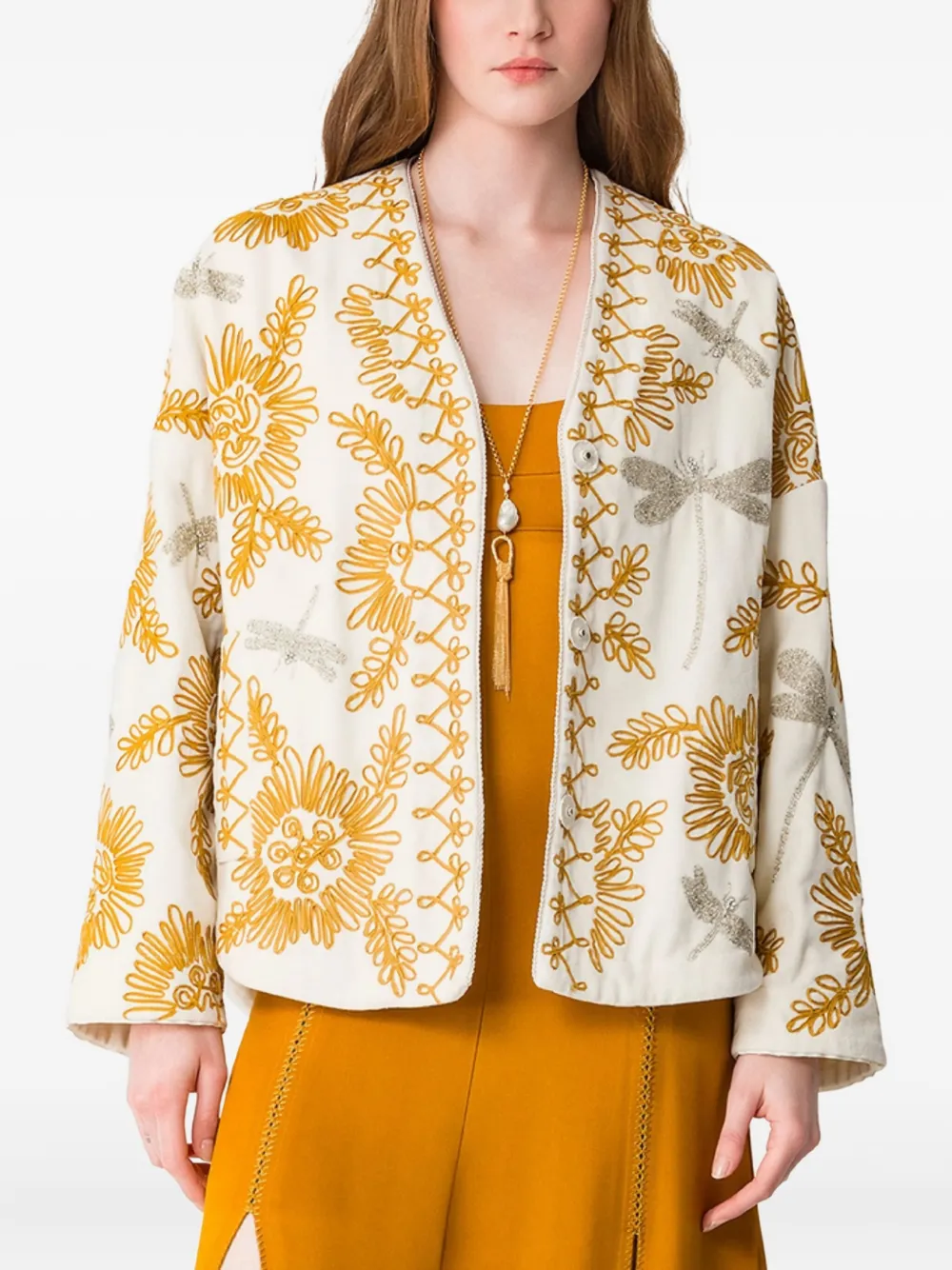 Forte floral dragonflies embroidered jacket Wit