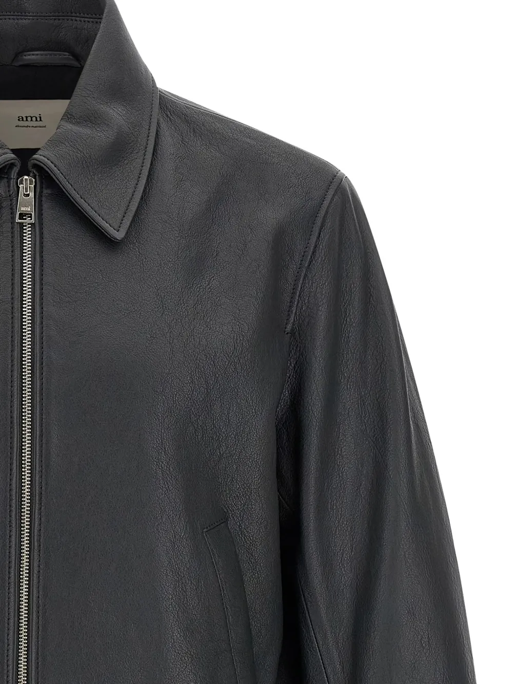 Ami Alexandre Mattiussi Mens Anthracite Regular-fit Spread-collar Leather Jacket In Gray