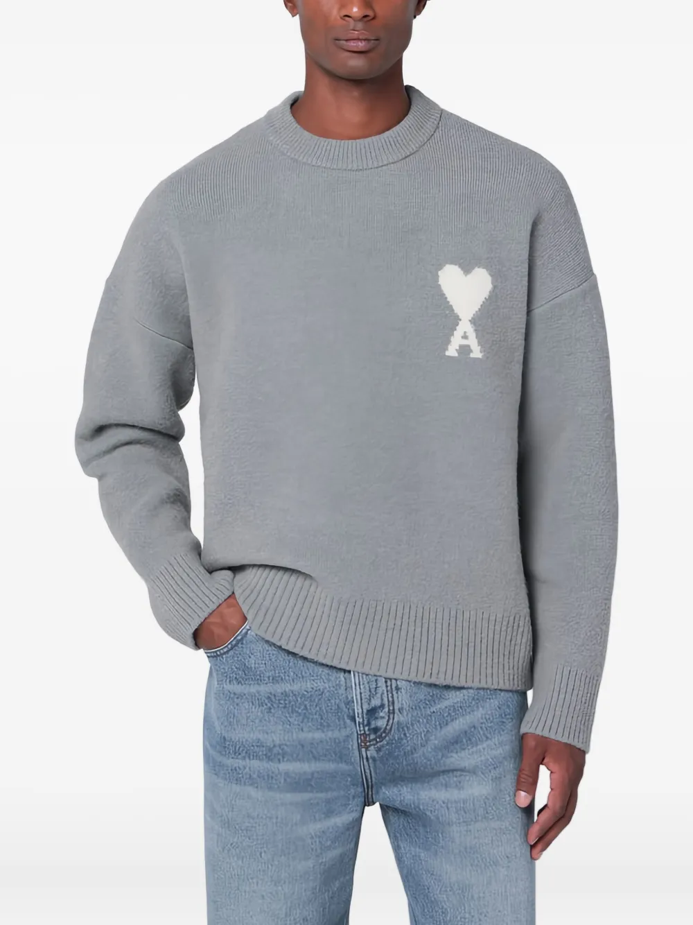 AMI Paris Trui met ronde hals en logo Grijs