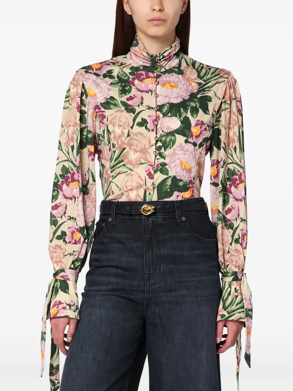 Chloé Turtleneck Jersey Wool Sweater With Floral Print In Pink