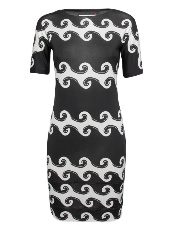 diane von furstenberg black silk dress Diane Von Furstenberg Vintage wave-pattern Silk Dress | Black