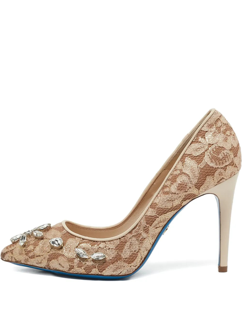 Pre-owned Loriblu 105mm Lace Crystal-embellished Pumps In Neutral
