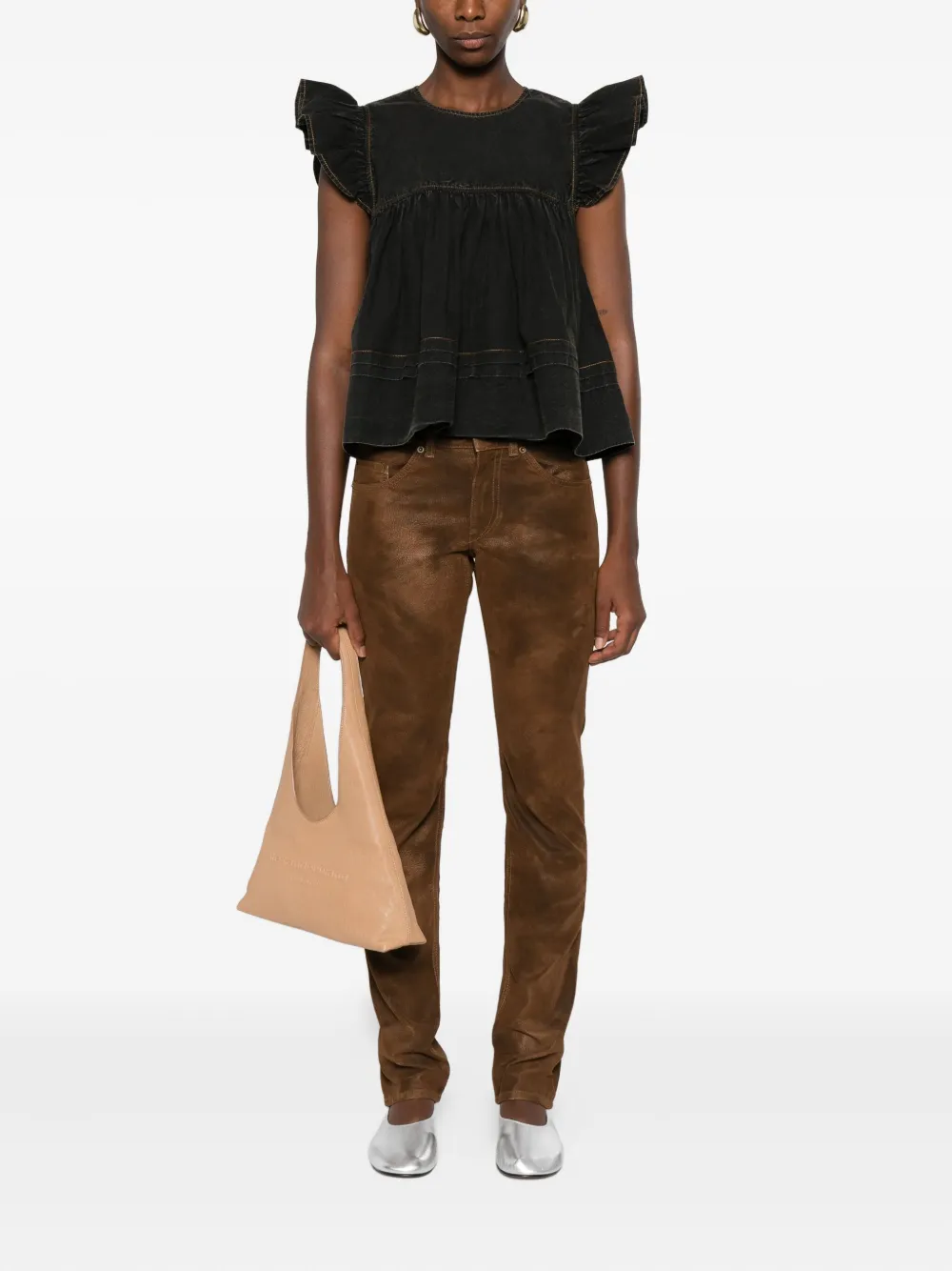GANNI ruffled-trim smock top Zwart