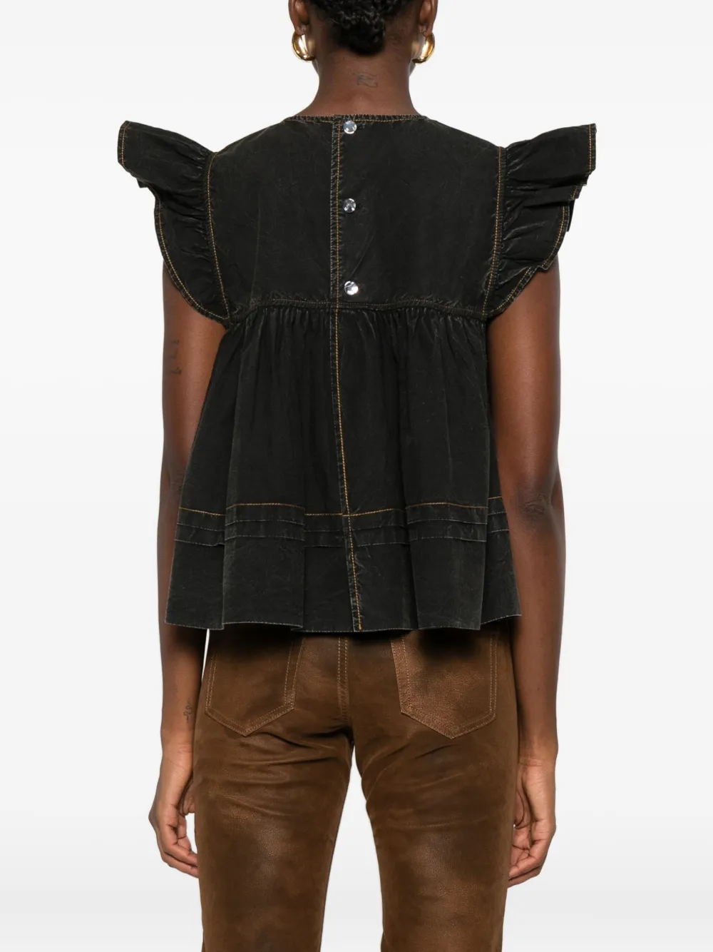 GANNI ruffled-trim smock top Zwart
