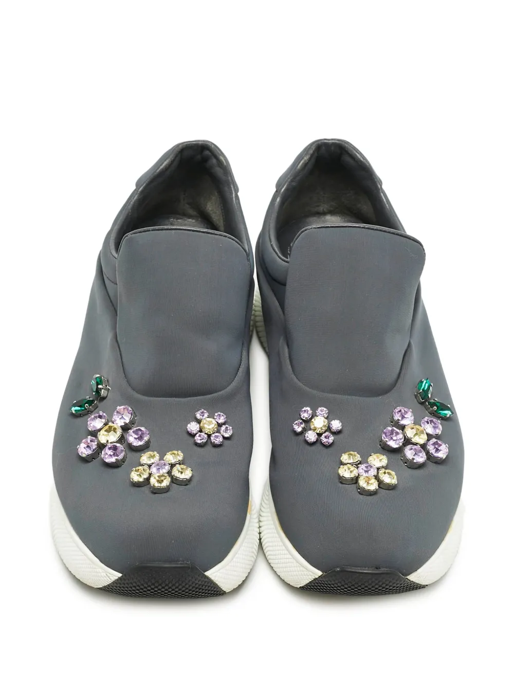Pre-owned Prada Crystal-embellished Flowers Sneakers In Gray
