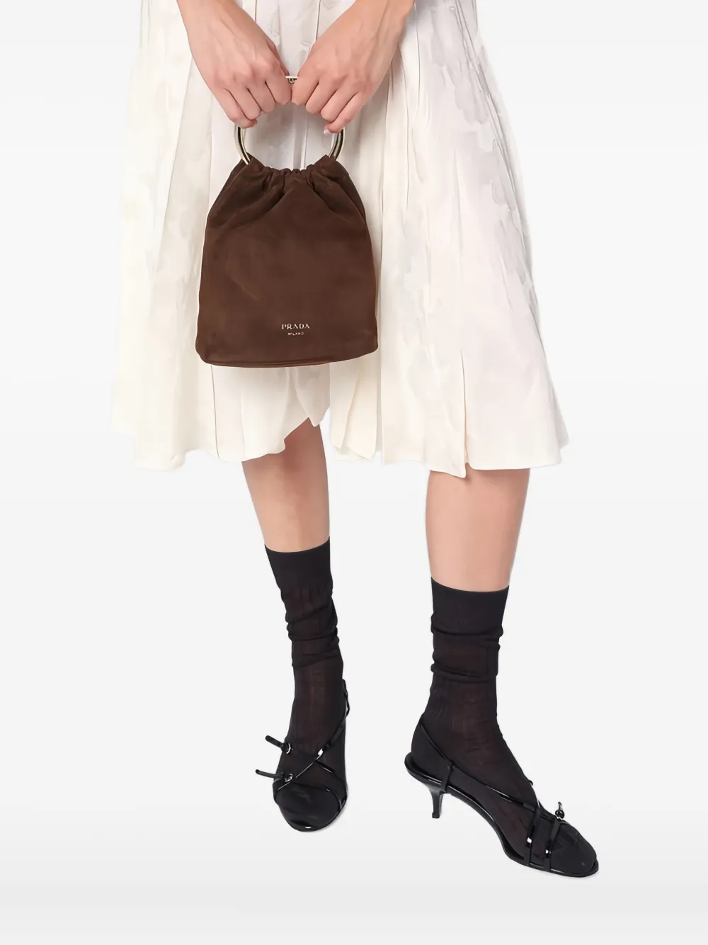  Prada Mini Ring-handle Suede Bucket Bag - Brown 