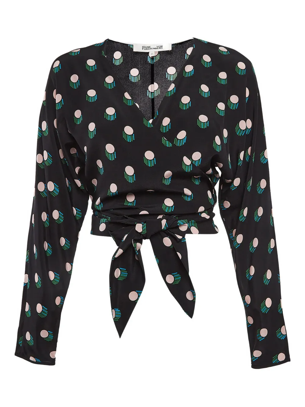 Pre-owned Diane Von Furstenberg Vintage Printed Silk Wrap Top In Black