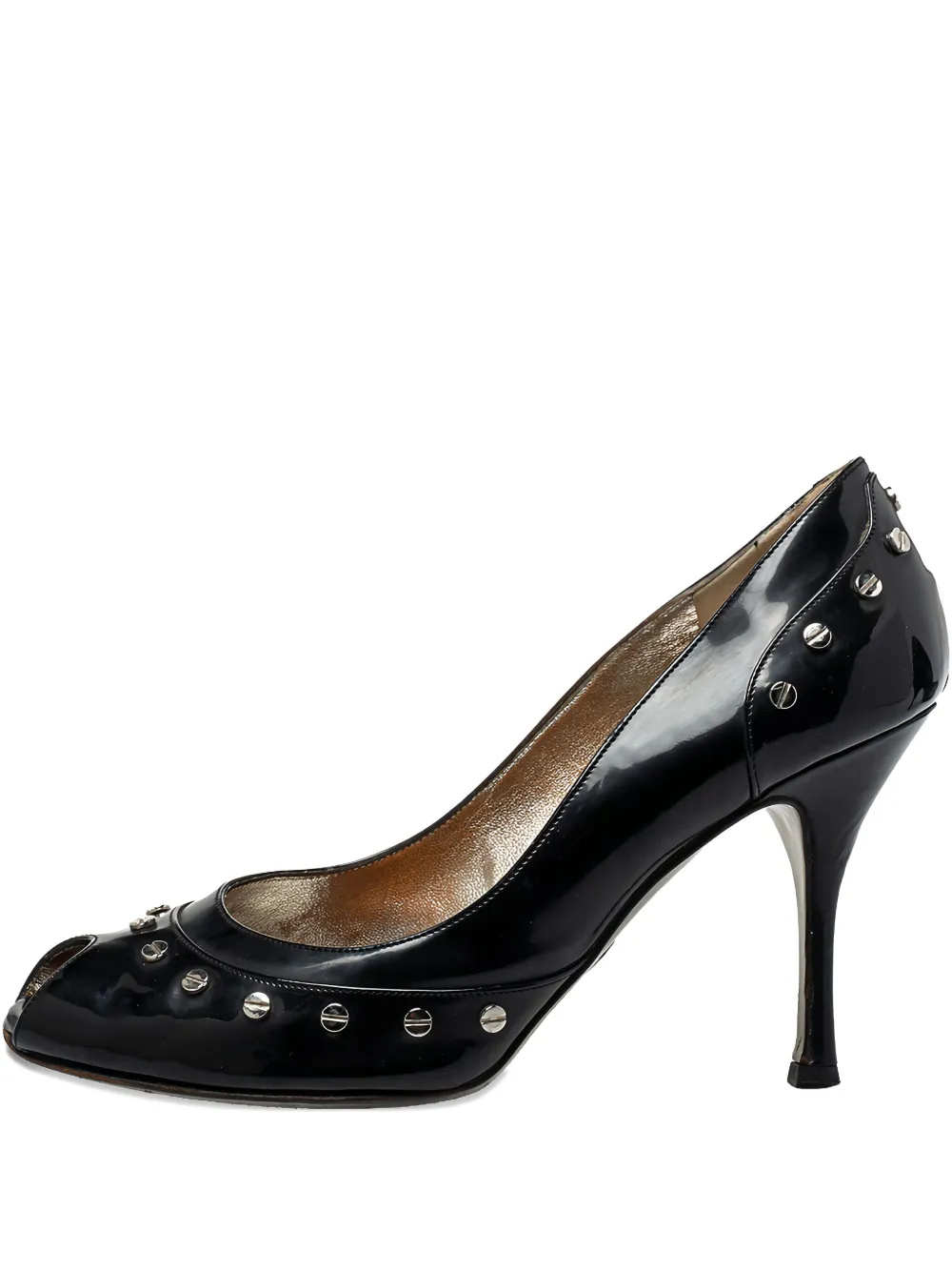 Pre-owned Dolce & Gabbana Patent Leather Studded Peep-toe Pumps In Black