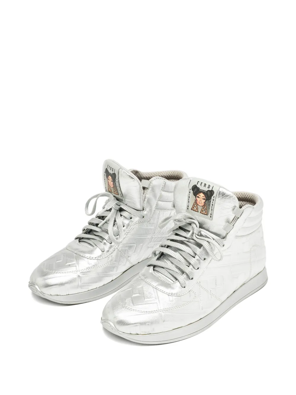Click to view more detailed imagery on our partner's website Pre-owned Fendi X Nicki Minaj Laminated-leather High-top Sneakers In Silver
