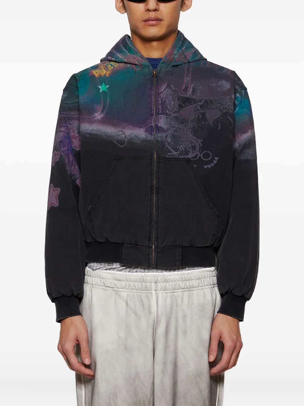 Praying Abstract-print Zip-up Hoodie In Black
