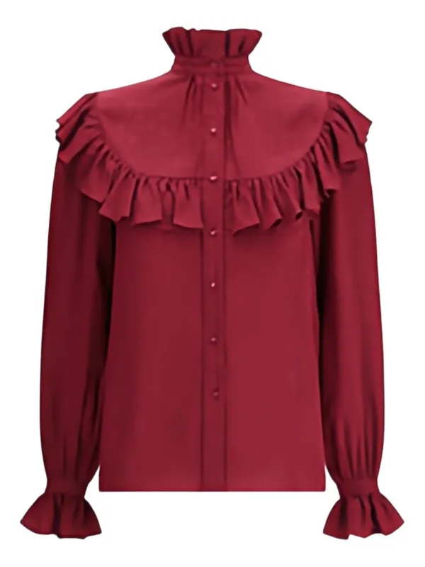 Saint Laurent Stand-collar Ruffled Blouse in Red