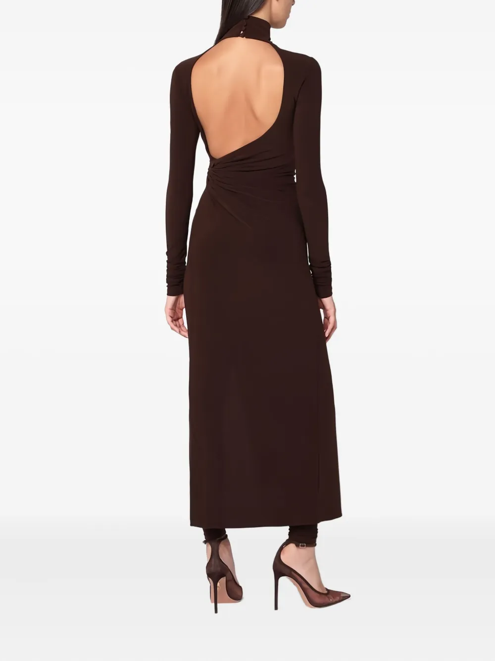 THE ANDAMANE Tessa jumpsuit met col en open achterkant Bruin