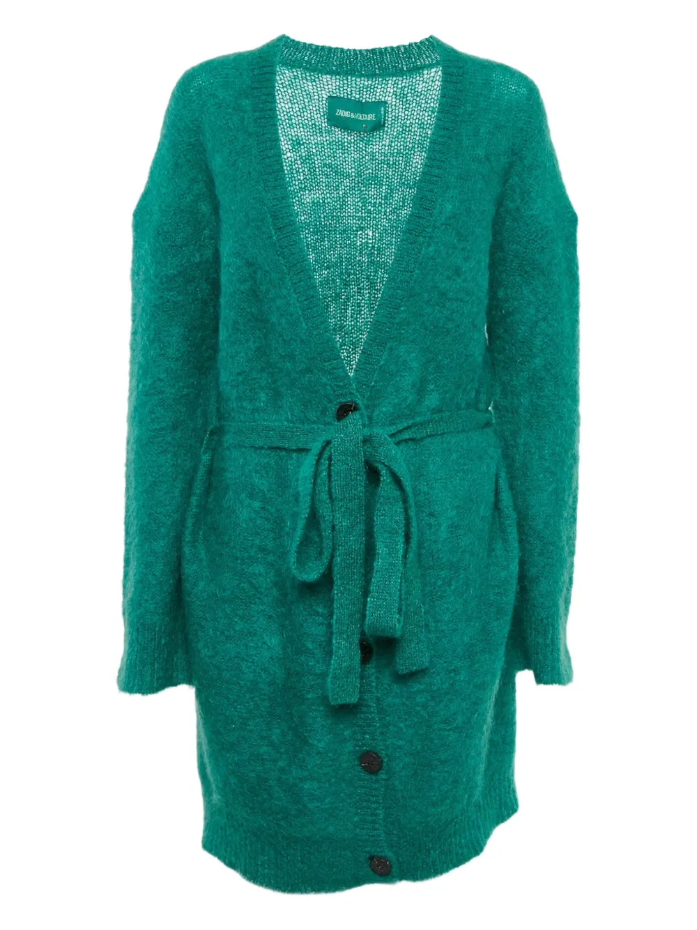 Pre-owned Zadig & Voltaire Romy Belted Mohair Long Cardigan In Green