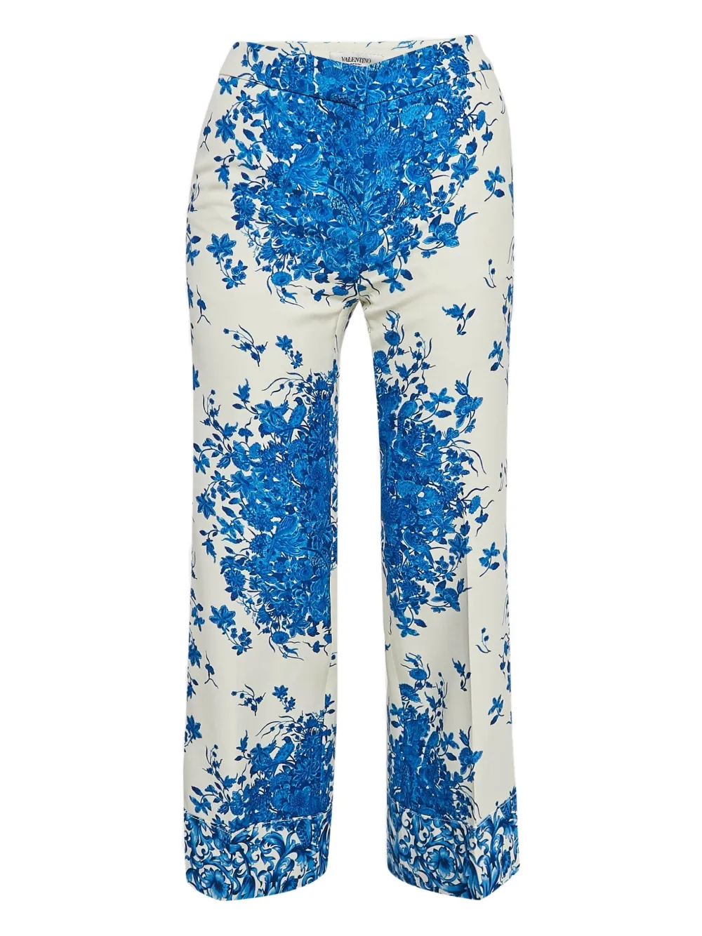Pre-owned Valentino Floral-print Silk-wool Blend Trousers In White