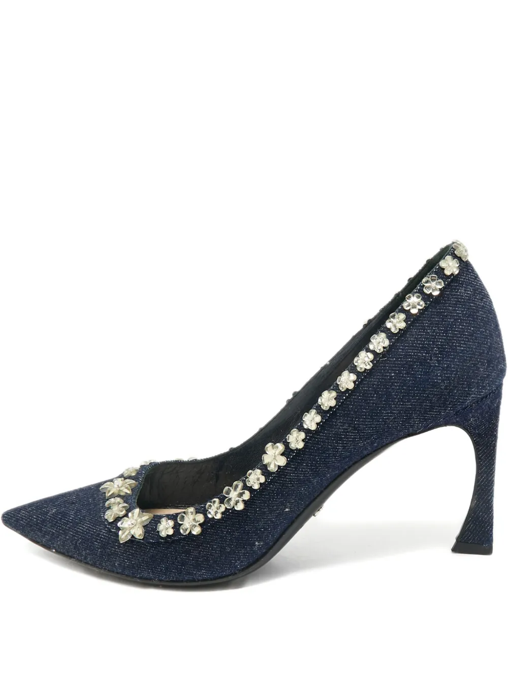 Pre-owned Dior 80mm Denim Flower-embellished Pumps In Blue