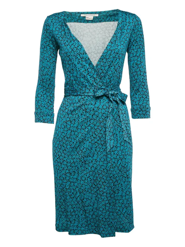 Diane Von Furstenberg Vintage Robe Portefeuille à Fleurs Bleu