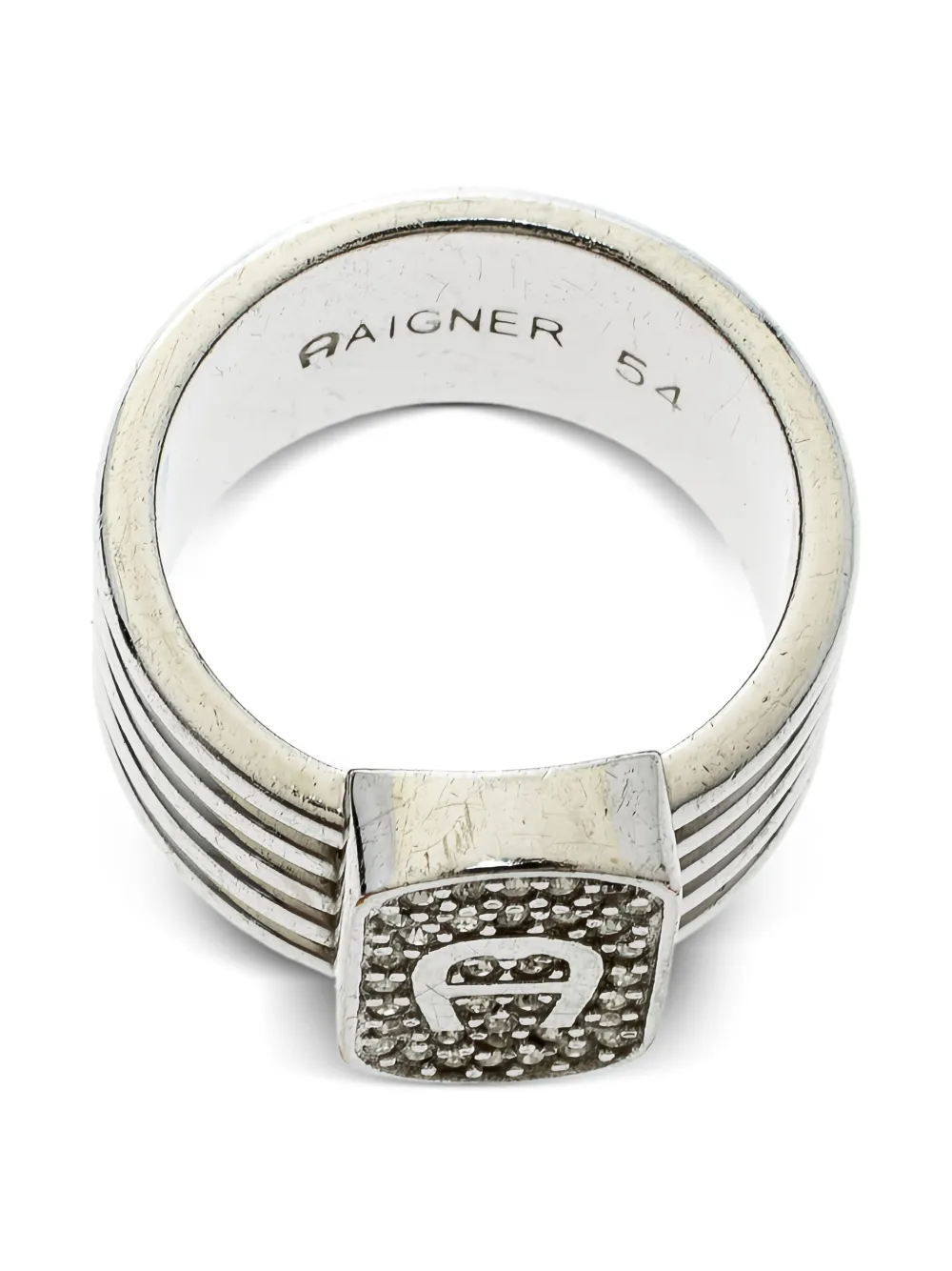 Pre-owned Aigner Vintage Crystal Logo Band Ring In Silver