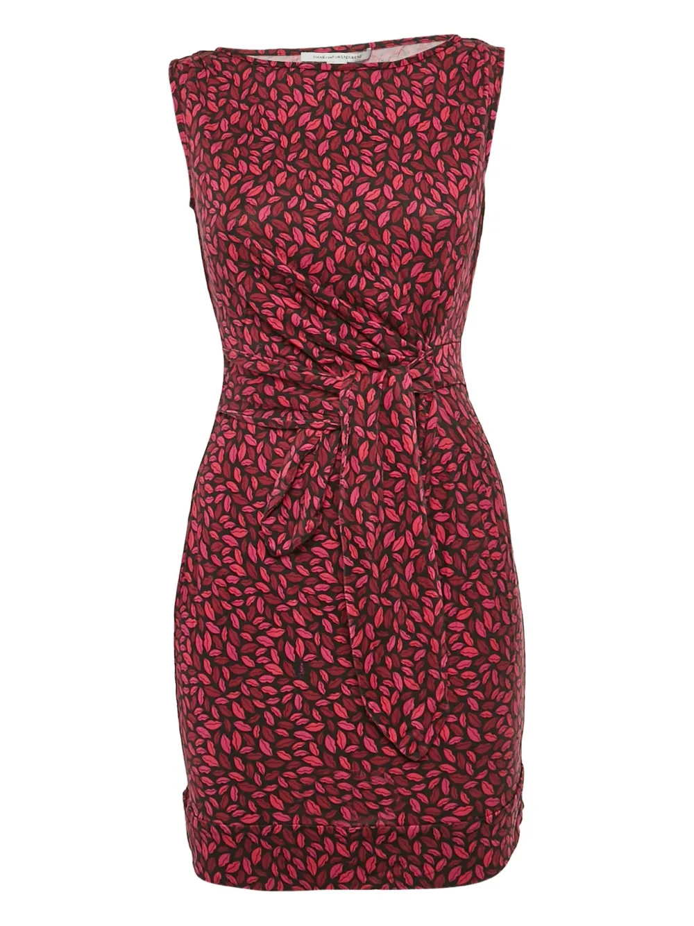 Pre-owned Diane Von Furstenberg Vintage Lips-print Ruched Mini Dress In Red