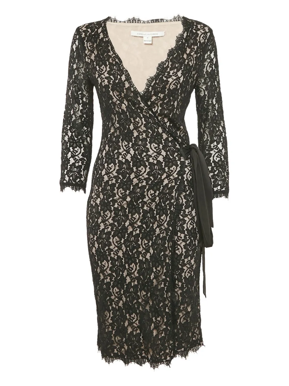 Pre-owned Diane Von Furstenberg Vintage Lace Wrap-front Midi Dress In Black