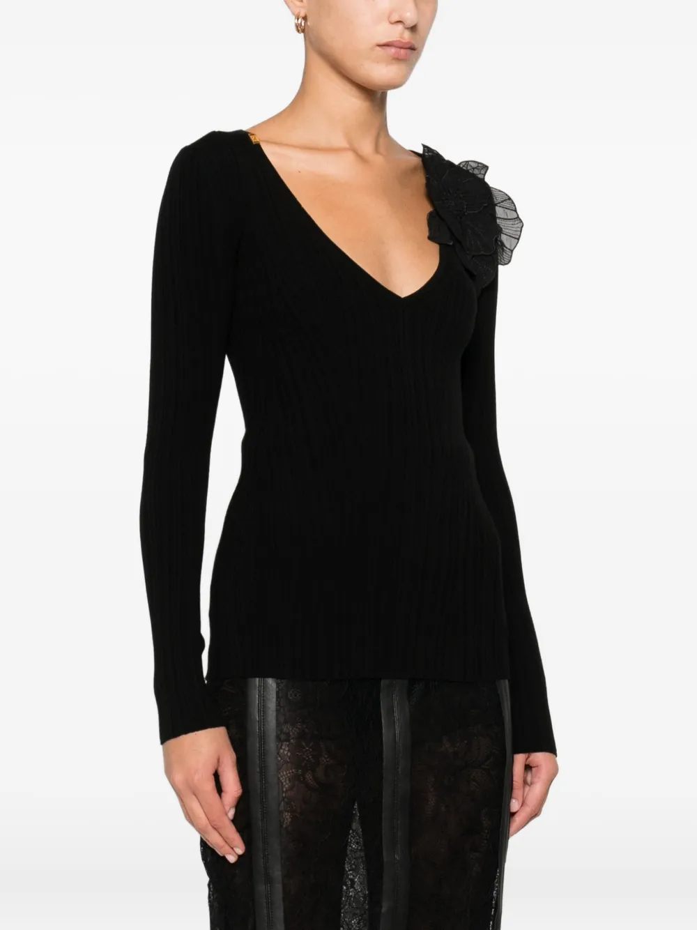 Elisabetta Franchi Gerippter Pullover Mit Blumendetail In Black