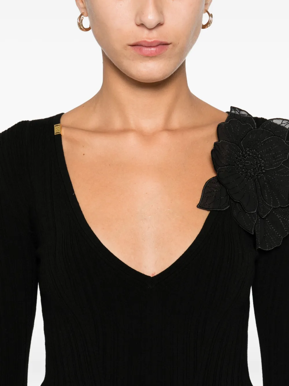 Elisabetta Franchi Gerippter Pullover Mit Blumendetail In Black