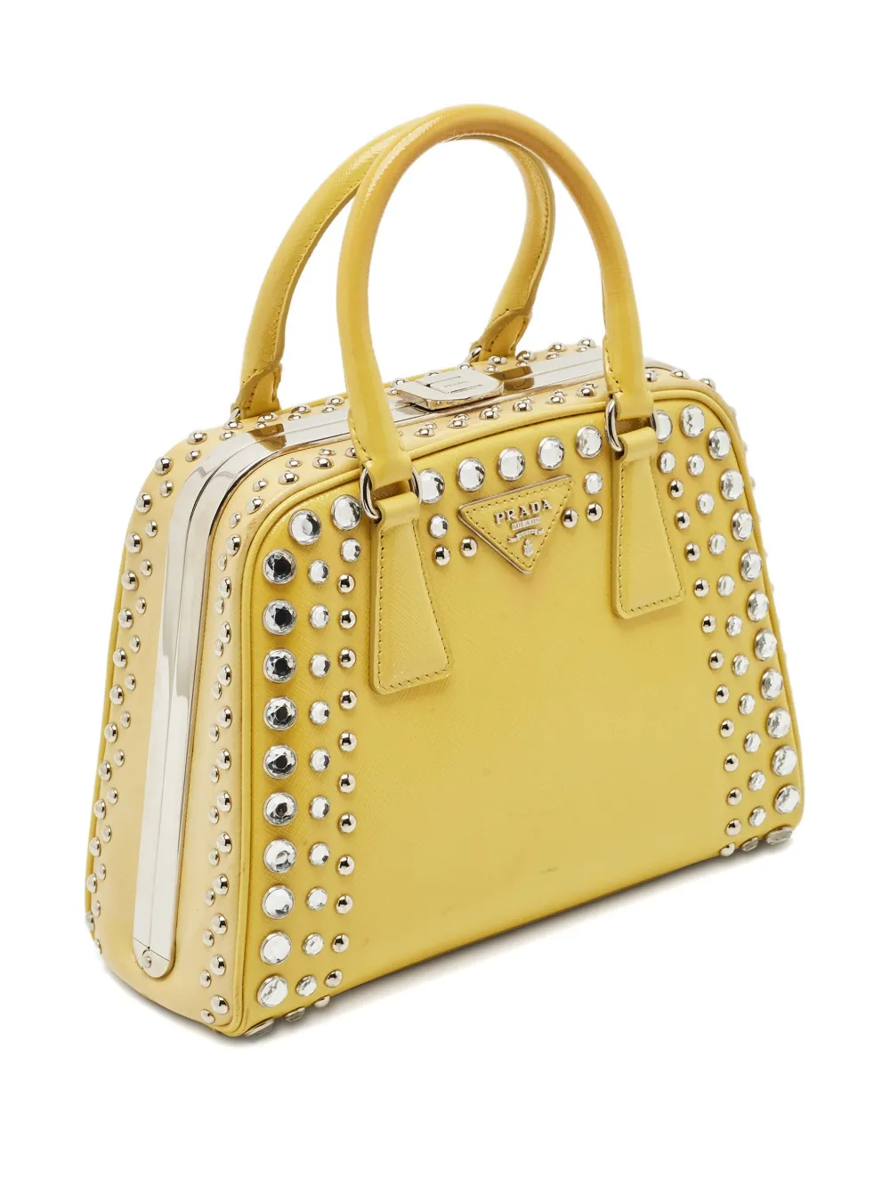 Pre-owned Prada Crystal-embellished Leather Handbag In Yellow