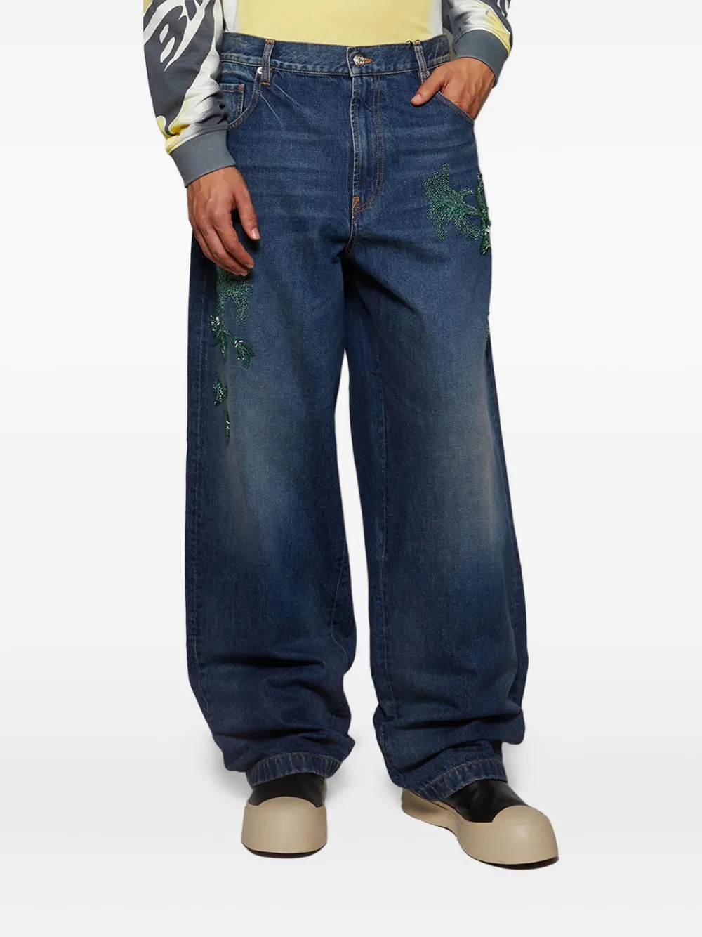 Bluemarble Stonewashed Botanic-embroidered Jeans In Blue