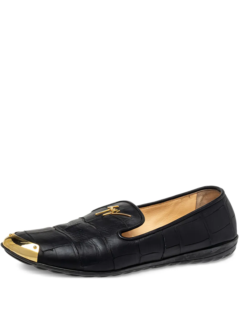 Pre-owned Giuseppe Zanotti Vintage Embossed-crocodile Gold-detail Loafers In Black